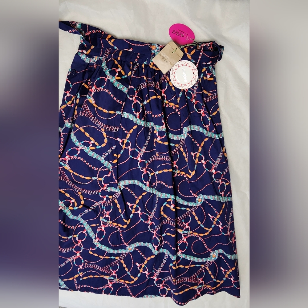 Umgee Navy Blue Button Front Midi Skirt Chain Print Small